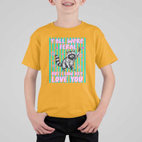 Y'all Were Feral But I Low Key Love You Pink Stripes Raccoon T Shirt For Kid Funny Teacher End of Yea