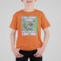 Y'all Were Feral But I Low Key Love You Pink Stripes Raccoon T Shirt For Kid Funny Teacher End of Yea