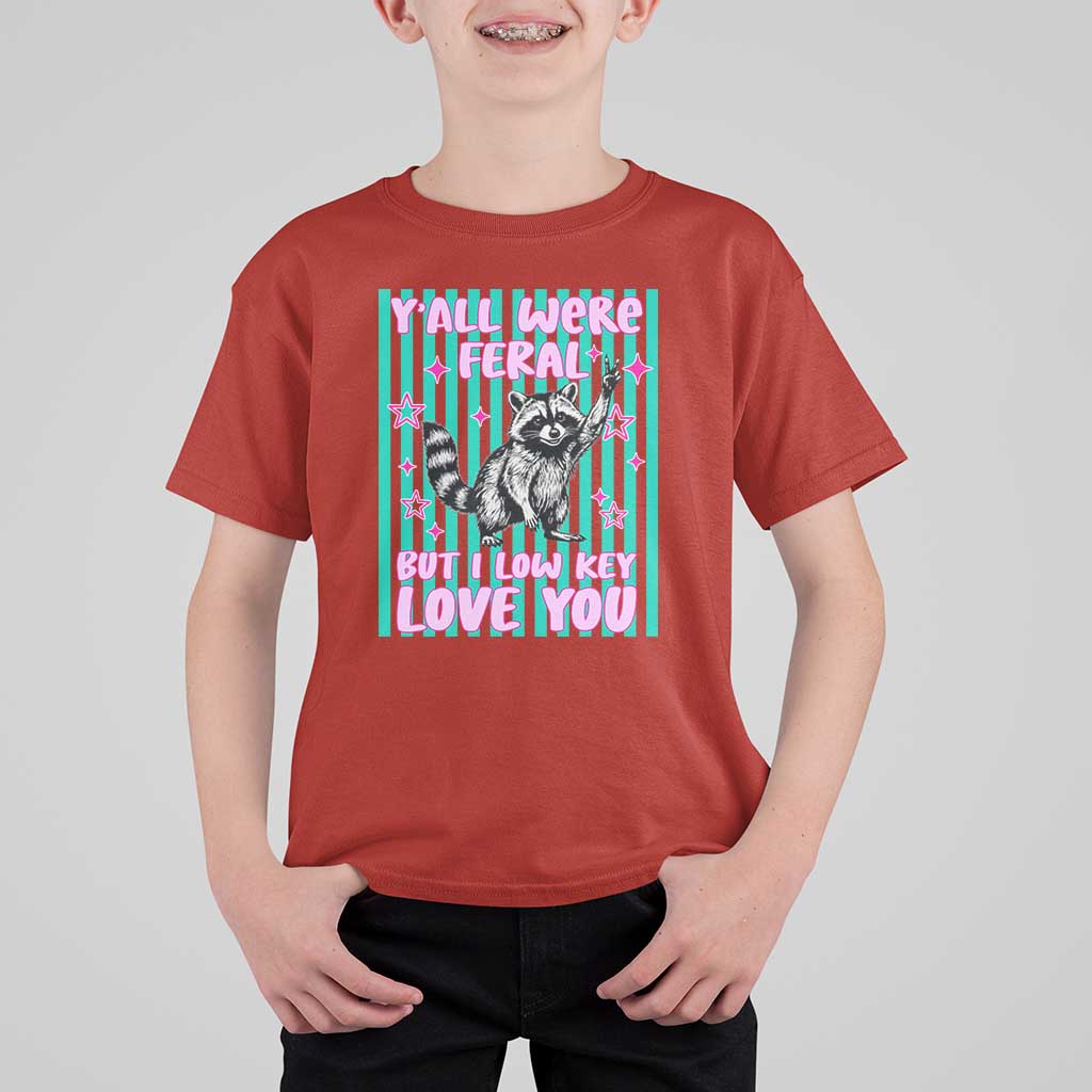 Y'all Were Feral But I Low Key Love You Pink Stripes Raccoon T Shirt For Kid Funny Teacher End of Yea