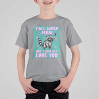 Y'all Were Feral But I Low Key Love You Pink Stripes Raccoon T Shirt For Kid Funny Teacher End of Yea