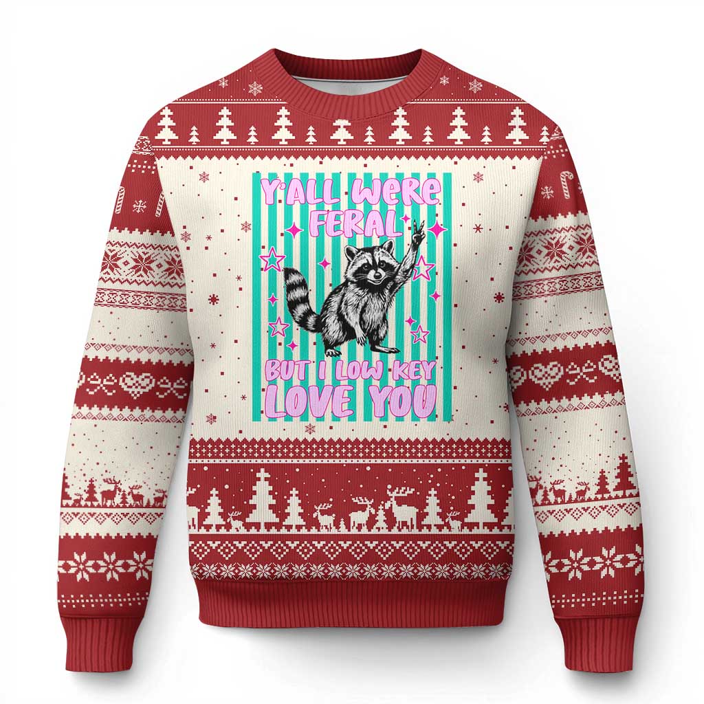 Y'all Were Feral But I Low Key Love You Pink Stripes Raccoon Ugly Christmas Sweater Funny Teacher End of School Year