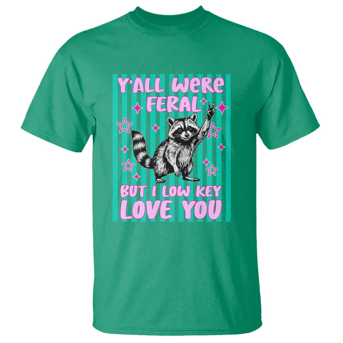 Y'all Were Feral But I Low Key Love You Pink Stripes Raccoon T Shirt Funny Teacher End of Yea