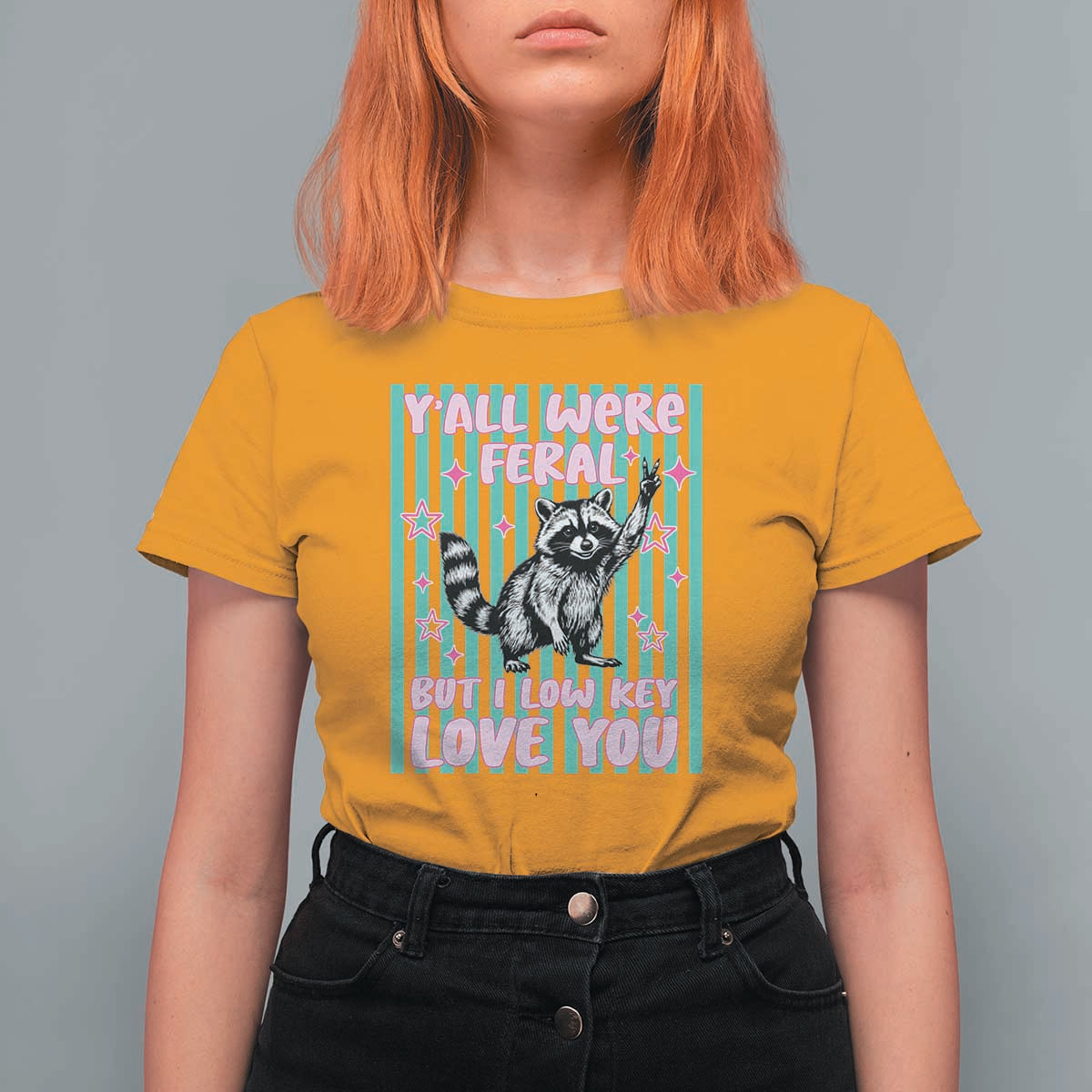 Y'all Were Feral But I Low Key Love You Pink Stripes Raccoon T Shirt For Women Funny Teacher End of Yea