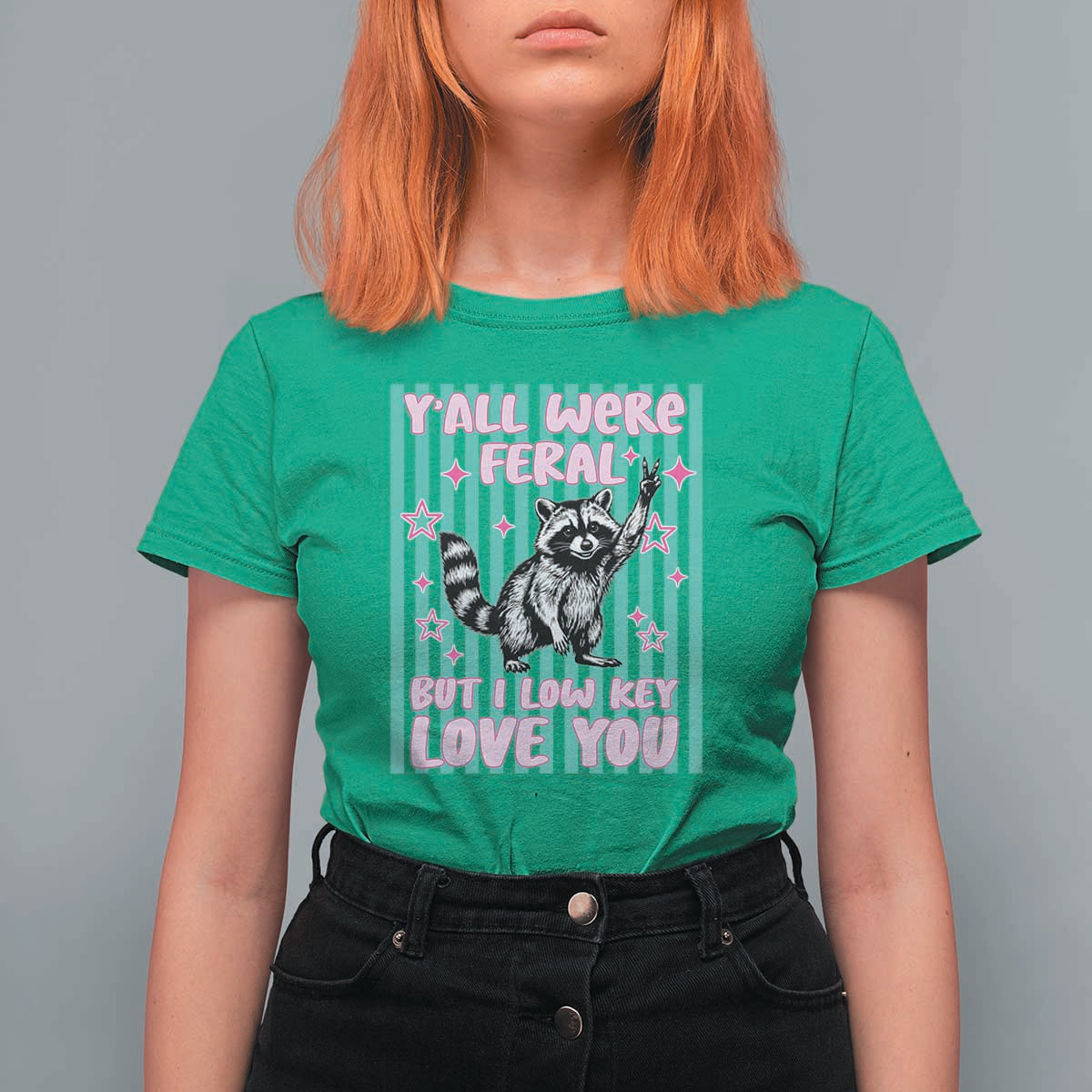 Y'all Were Feral But I Low Key Love You Pink Stripes Raccoon T Shirt For Women Funny Teacher End of Yea