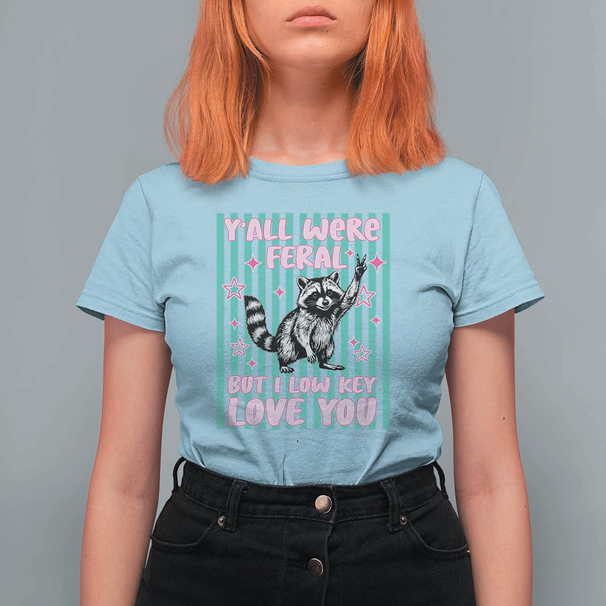 Y'all Were Feral But I Low Key Love You Pink Stripes Raccoon T Shirt For Women Funny Teacher End of Yea