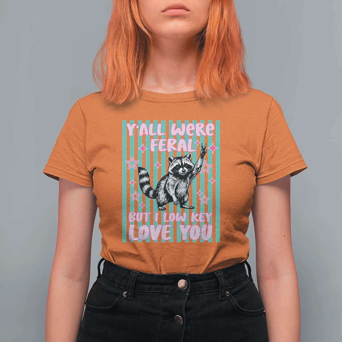 Y'all Were Feral But I Low Key Love You Pink Stripes Raccoon T Shirt For Women Funny Teacher End of Yea
