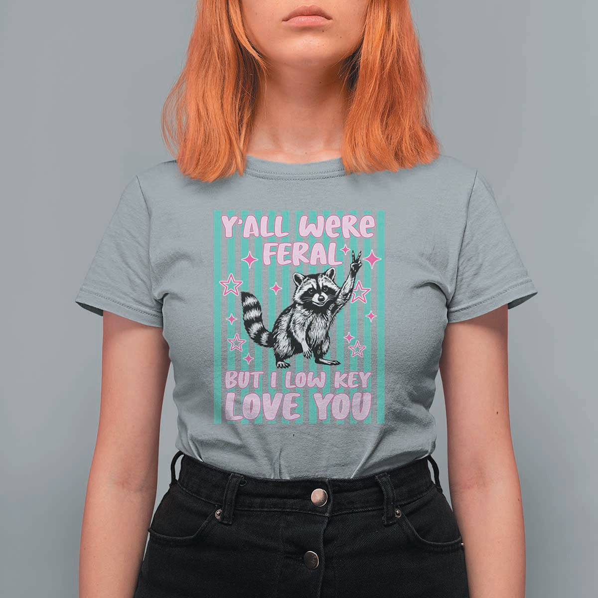 Y'all Were Feral But I Low Key Love You Pink Stripes Raccoon T Shirt For Women Funny Teacher End of Yea