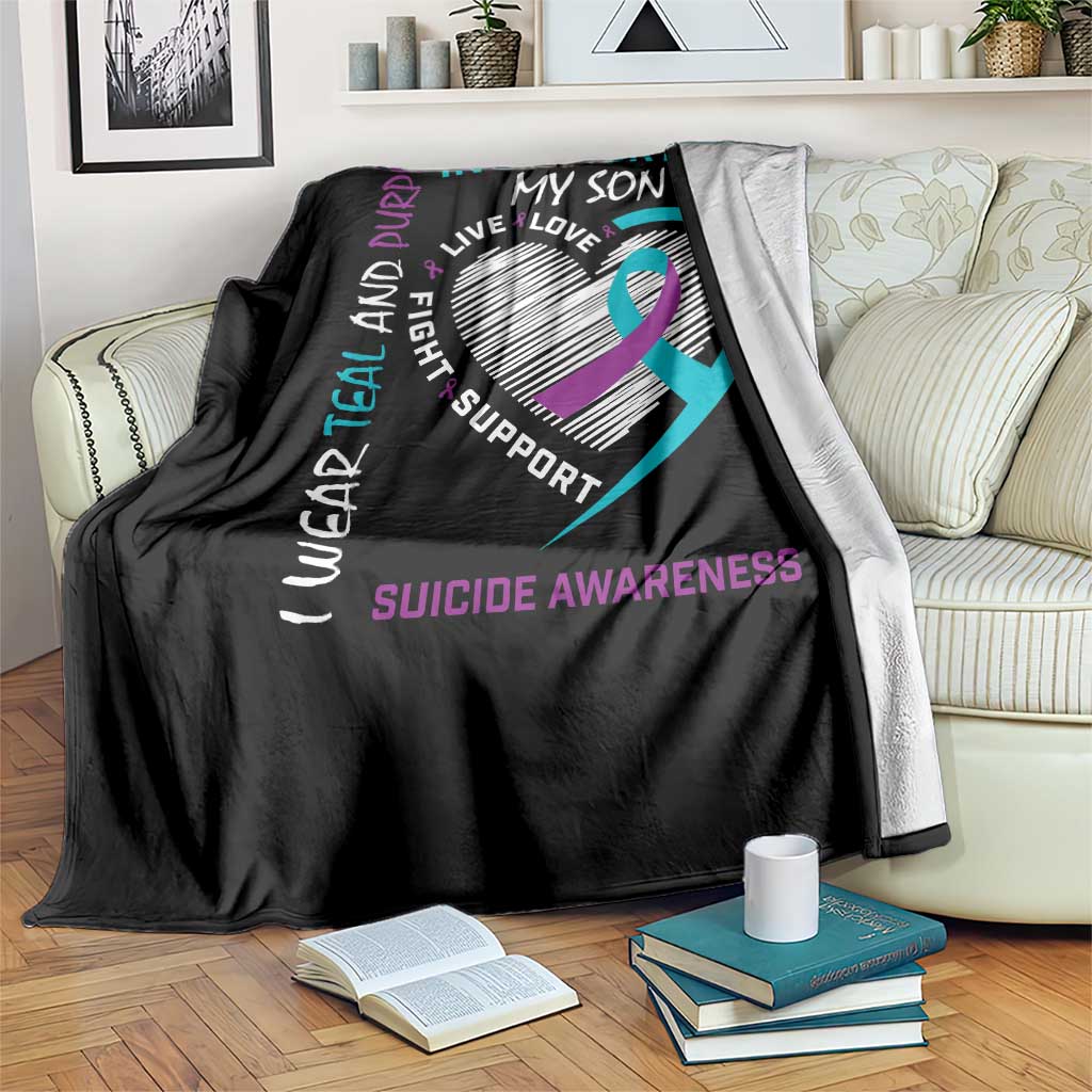 In Memory of My Son Suicide Awareness Throw Blanket Teal and Purple Ribbon Remembrance Gift