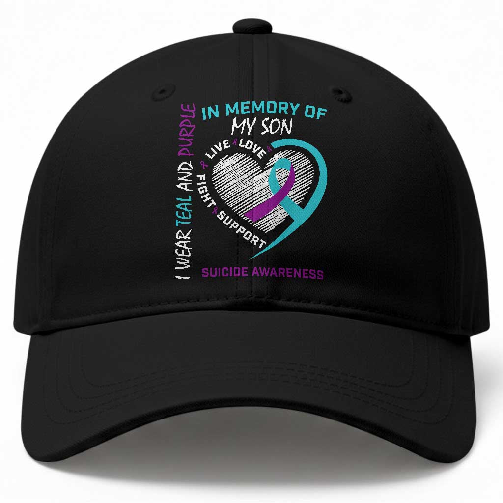 In Memory of My Son Suicide Awareness Baseball Cap Teal and Purple Ribbon Remembrance Gift