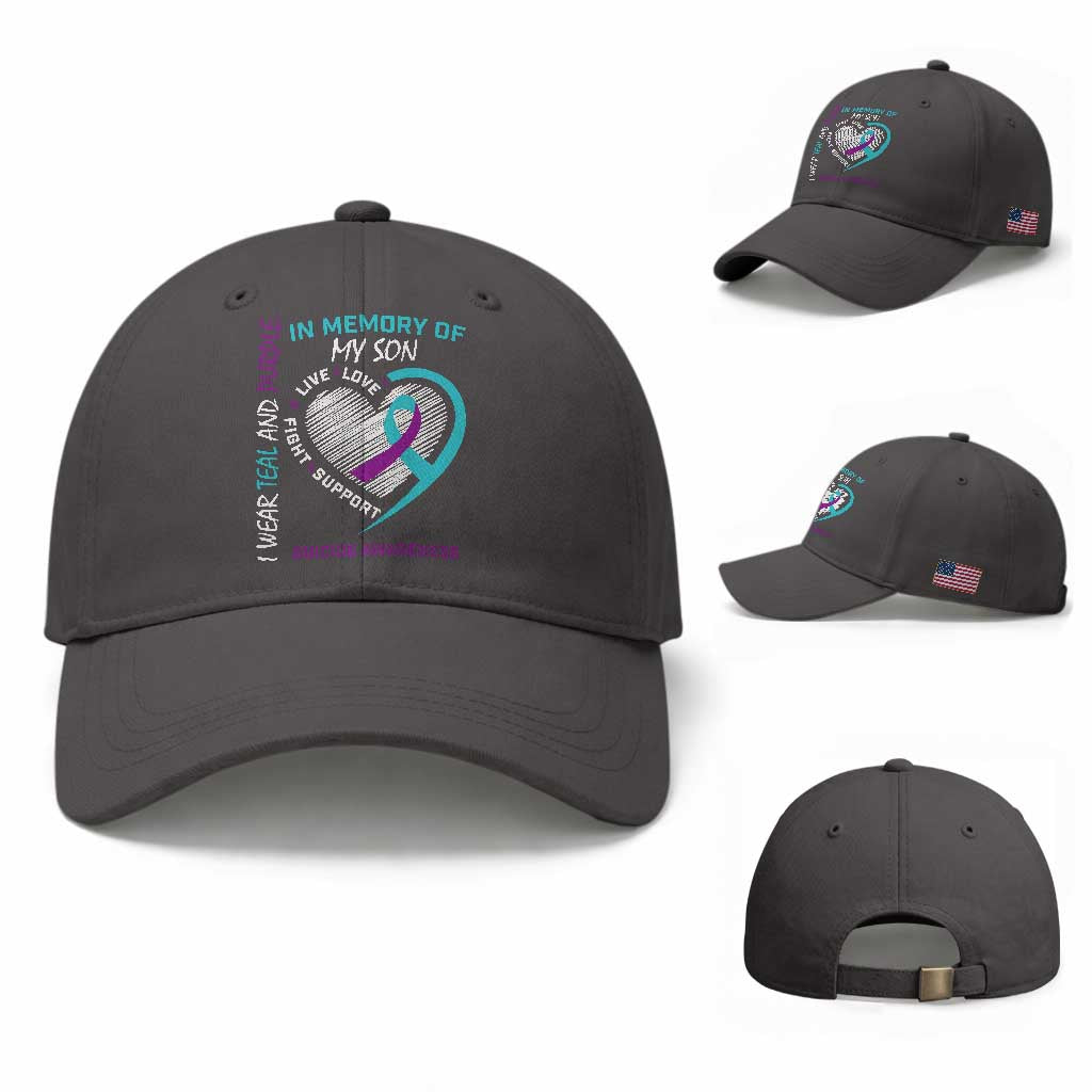 In Memory of My Son Suicide Awareness Baseball Cap Teal and Purple Ribbon Remembrance Gift