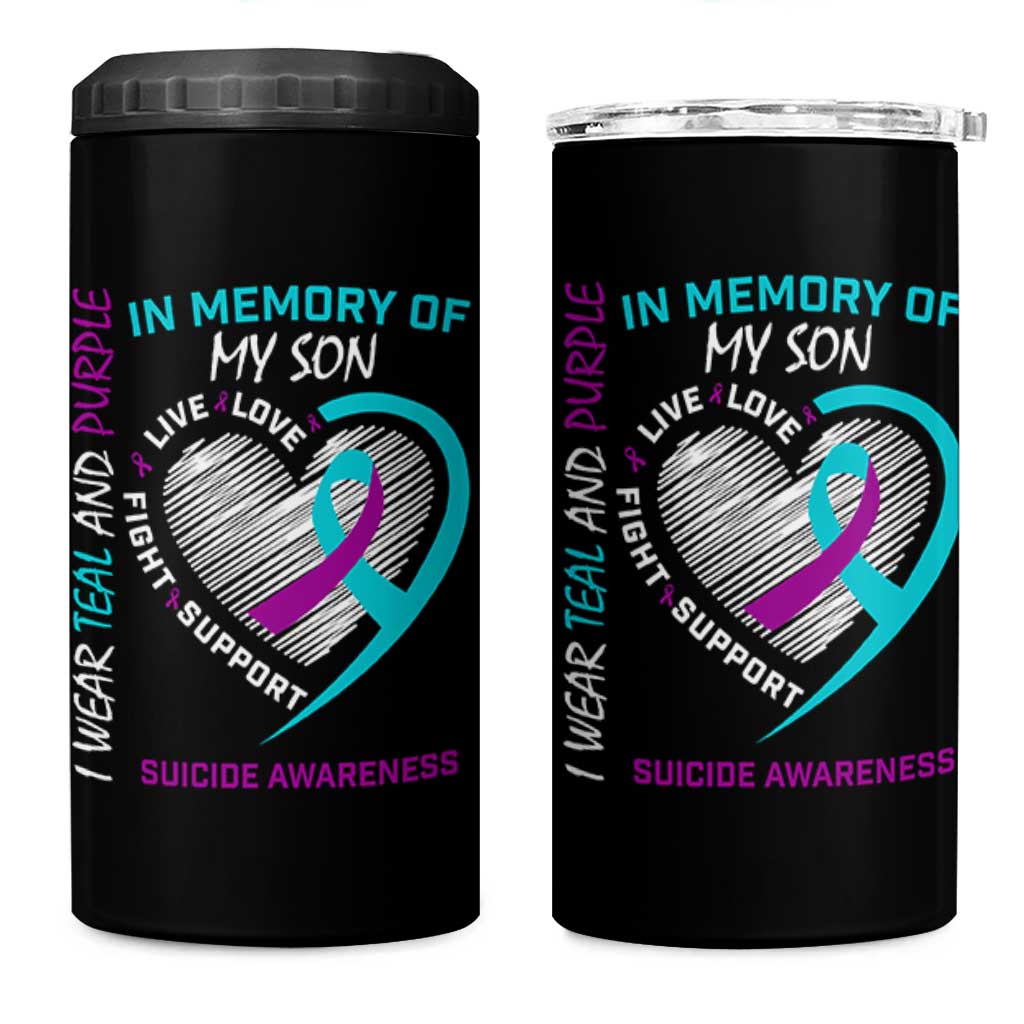 In Memory of My Son Suicide Awareness 4 in 1 Can Cooler Tumbler Teal and Purple Ribbon Remembrance Gift