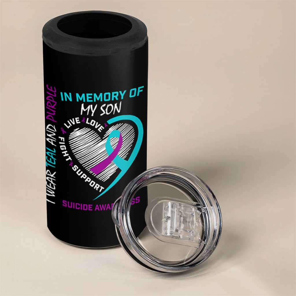 In Memory of My Son Suicide Awareness 4 in 1 Can Cooler Tumbler Teal and Purple Ribbon Remembrance Gift