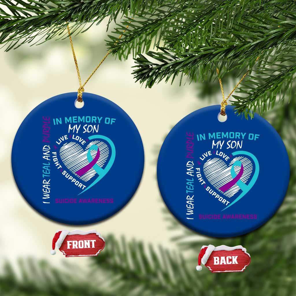 In Memory of My Son Suicide Awareness Ceramic Ornament Teal and Purple Ribbon Remembrance Gift
