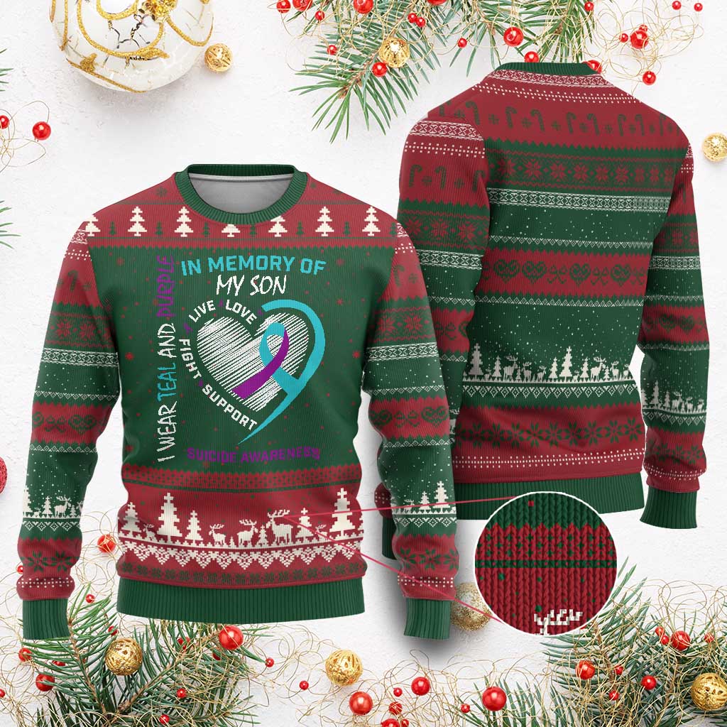 In Memory of My Son Suicide Awareness Ugly Christmas Sweater Teal and Purple Ribbon Remembrance Gift
