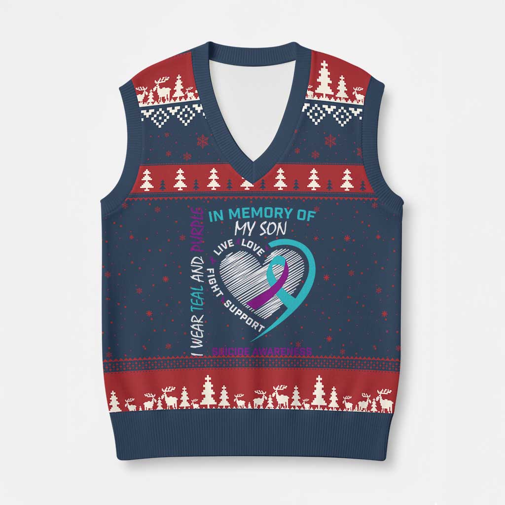 In Memory of My Son Suicide Awareness V-Neck Knit Sweater Vest Teal and Purple Ribbon Remembrance Gift