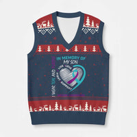 In Memory of My Son Suicide Awareness V-Neck Knit Sweater Vest Teal and Purple Ribbon Remembrance Gift