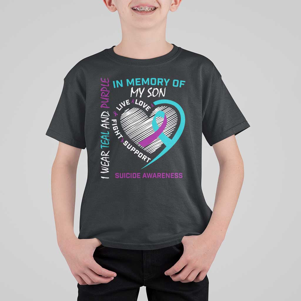 In Memory of My Son Suicide Awareness T Shirt For Kid Teal and Purple Ribbon Remembrance Gift