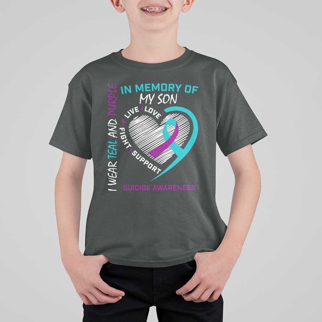 In Memory of My Son Suicide Awareness T Shirt For Kid Teal and Purple Ribbon Remembrance Gift