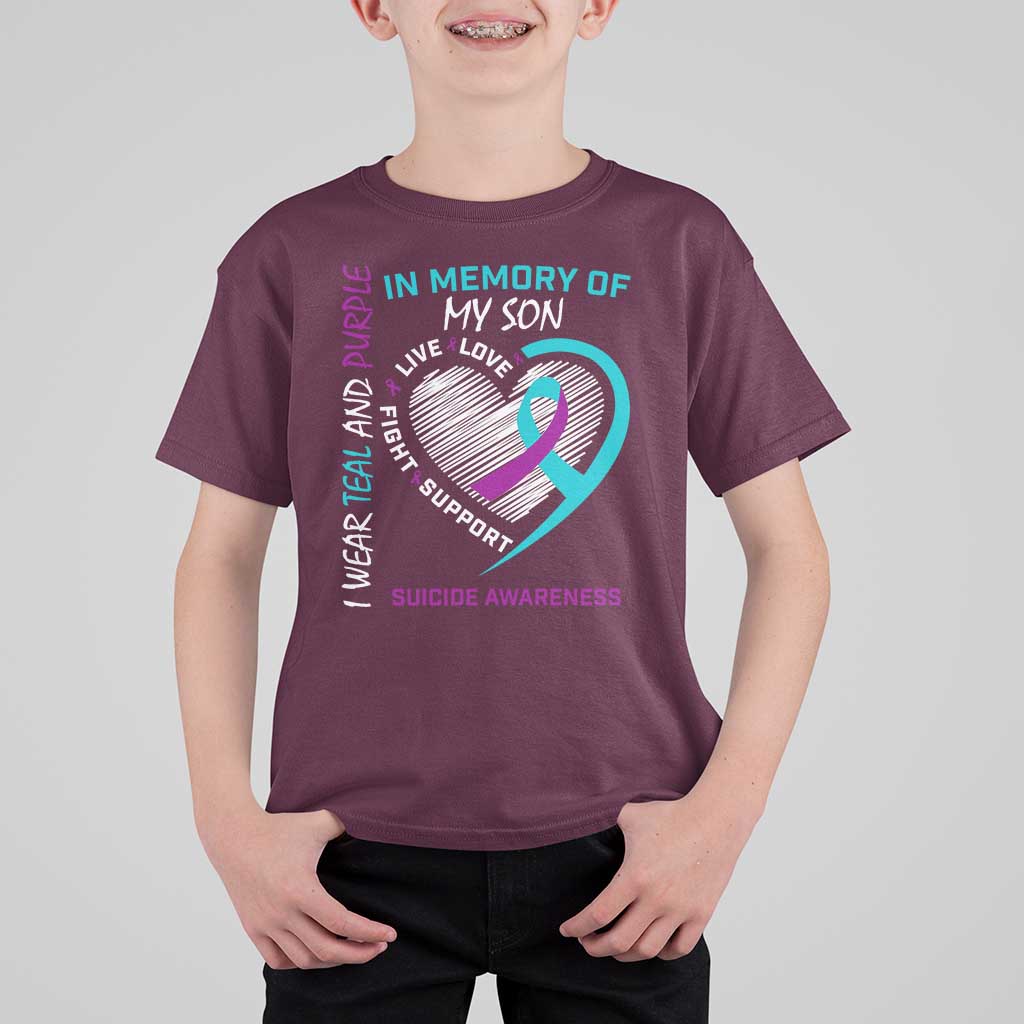 In Memory of My Son Suicide Awareness T Shirt For Kid Teal and Purple Ribbon Remembrance Gift