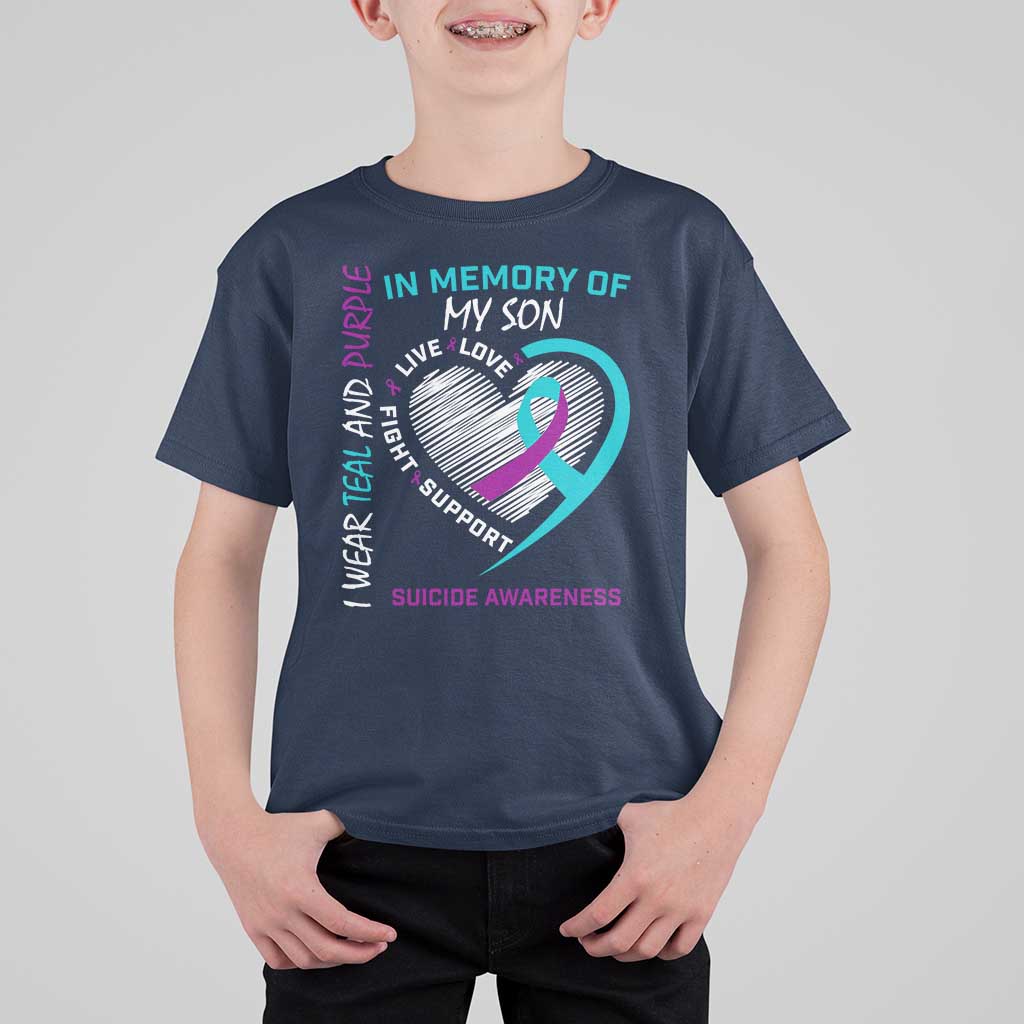 In Memory of My Son Suicide Awareness T Shirt For Kid Teal and Purple Ribbon Remembrance Gift