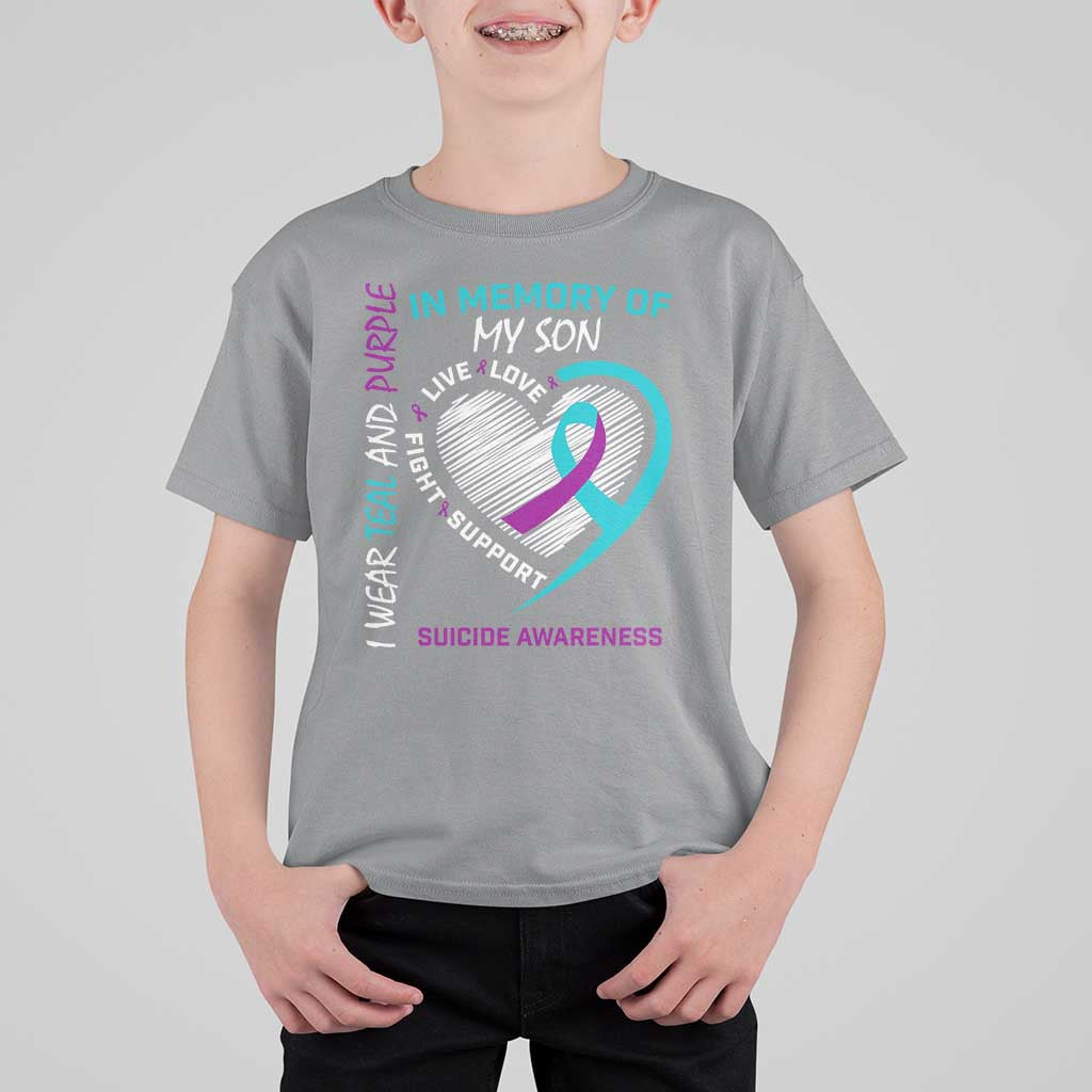 In Memory of My Son Suicide Awareness T Shirt For Kid Teal and Purple Ribbon Remembrance Gift