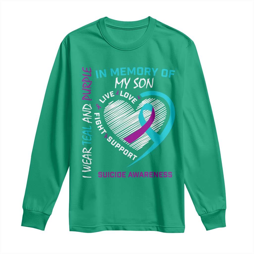 In Memory of My Son Suicide Awareness Long Sleeve Shirt Teal and Purple Ribbon Remembrance Gift