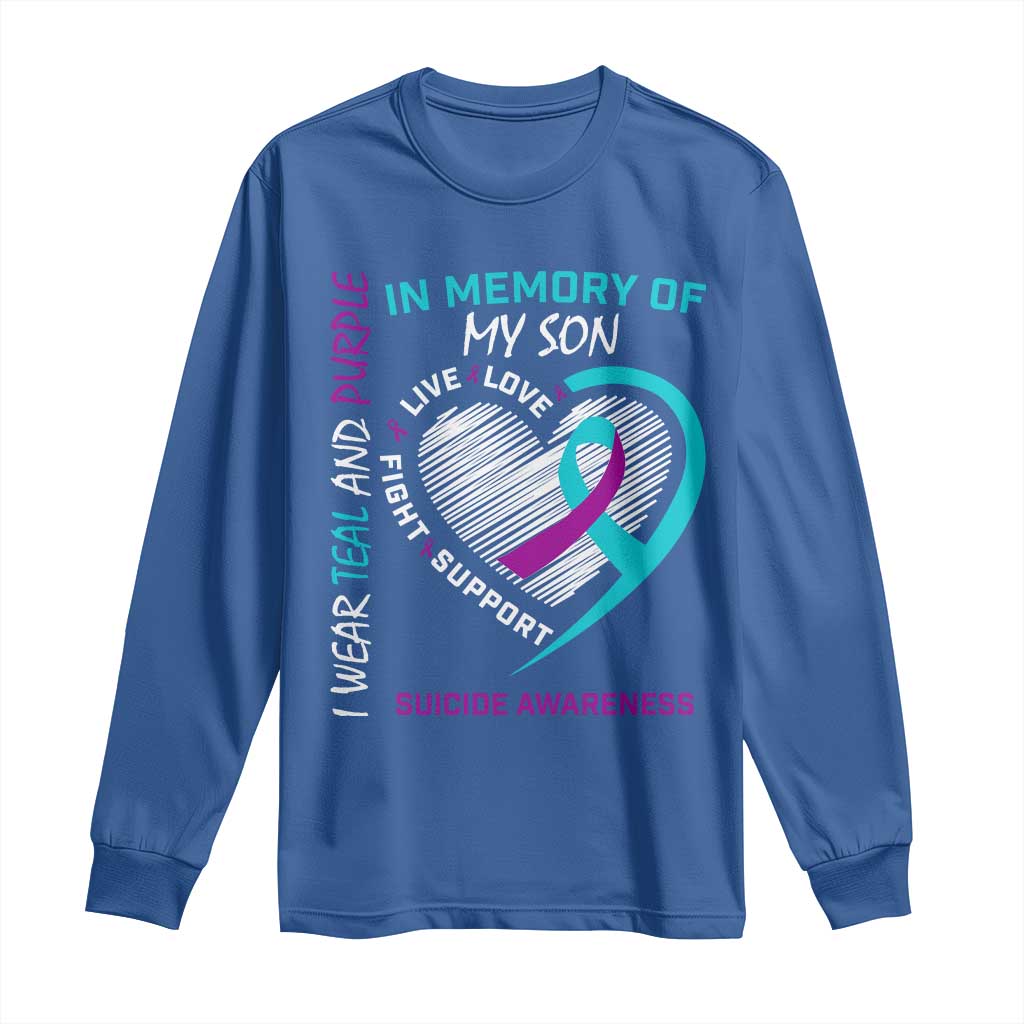 In Memory of My Son Suicide Awareness Long Sleeve Shirt Teal and Purple Ribbon Remembrance Gift
