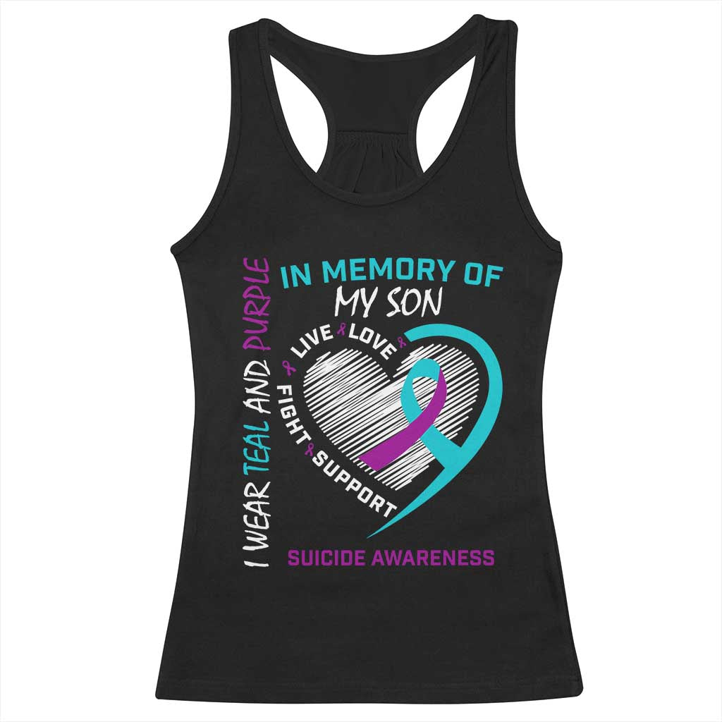 In Memory of My Son Suicide Awareness Racerback Tank Top Teal and Purple Ribbon Remembrance Gift
