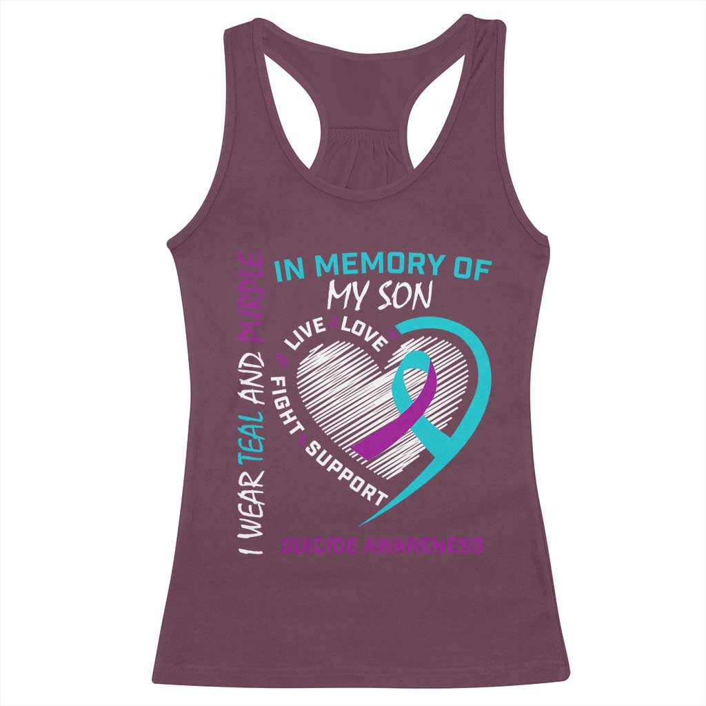 In Memory of My Son Suicide Awareness Racerback Tank Top Teal and Purple Ribbon Remembrance Gift