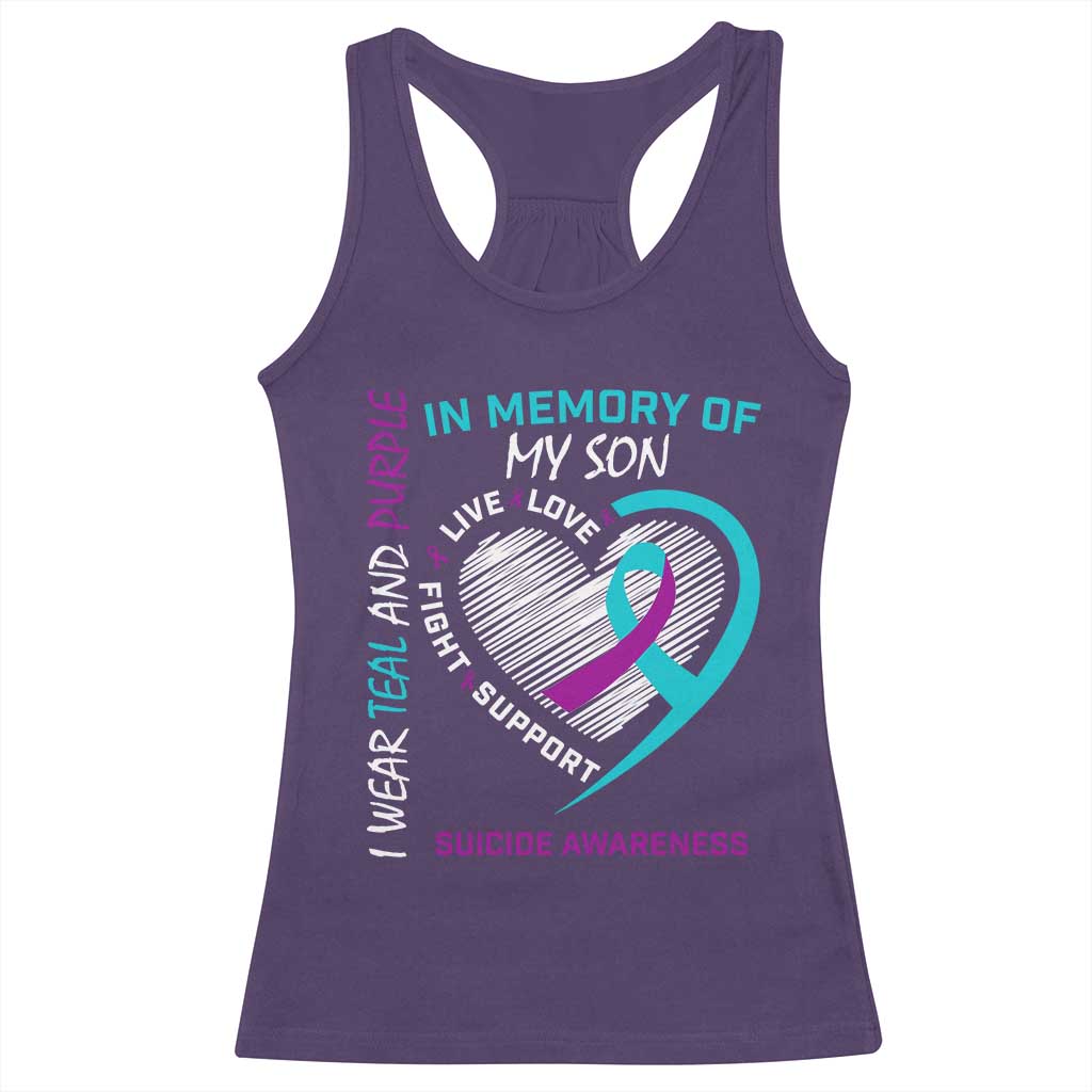 In Memory of My Son Suicide Awareness Racerback Tank Top Teal and Purple Ribbon Remembrance Gift