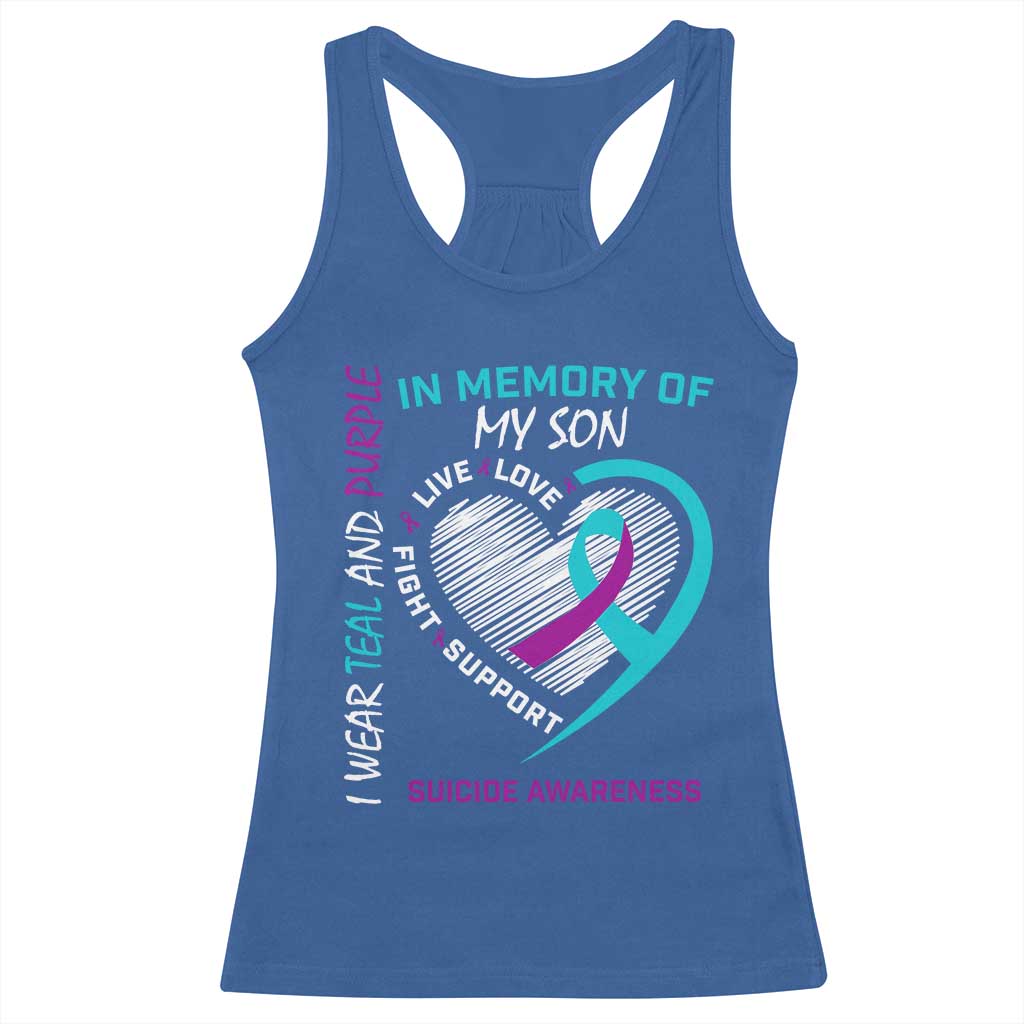 In Memory of My Son Suicide Awareness Racerback Tank Top Teal and Purple Ribbon Remembrance Gift
