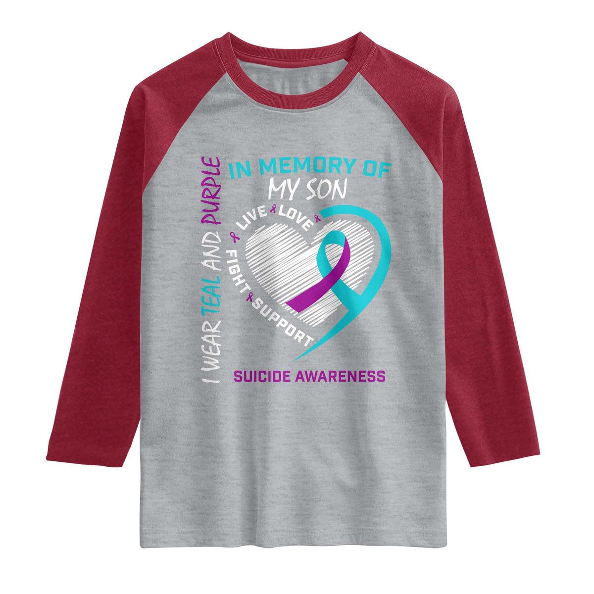 In Memory of My Son Suicide Awareness Raglan Shirt Teal and Purple Ribbon Remembrance Gift