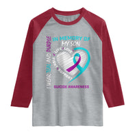 In Memory of My Son Suicide Awareness Raglan Shirt Teal and Purple Ribbon Remembrance Gift