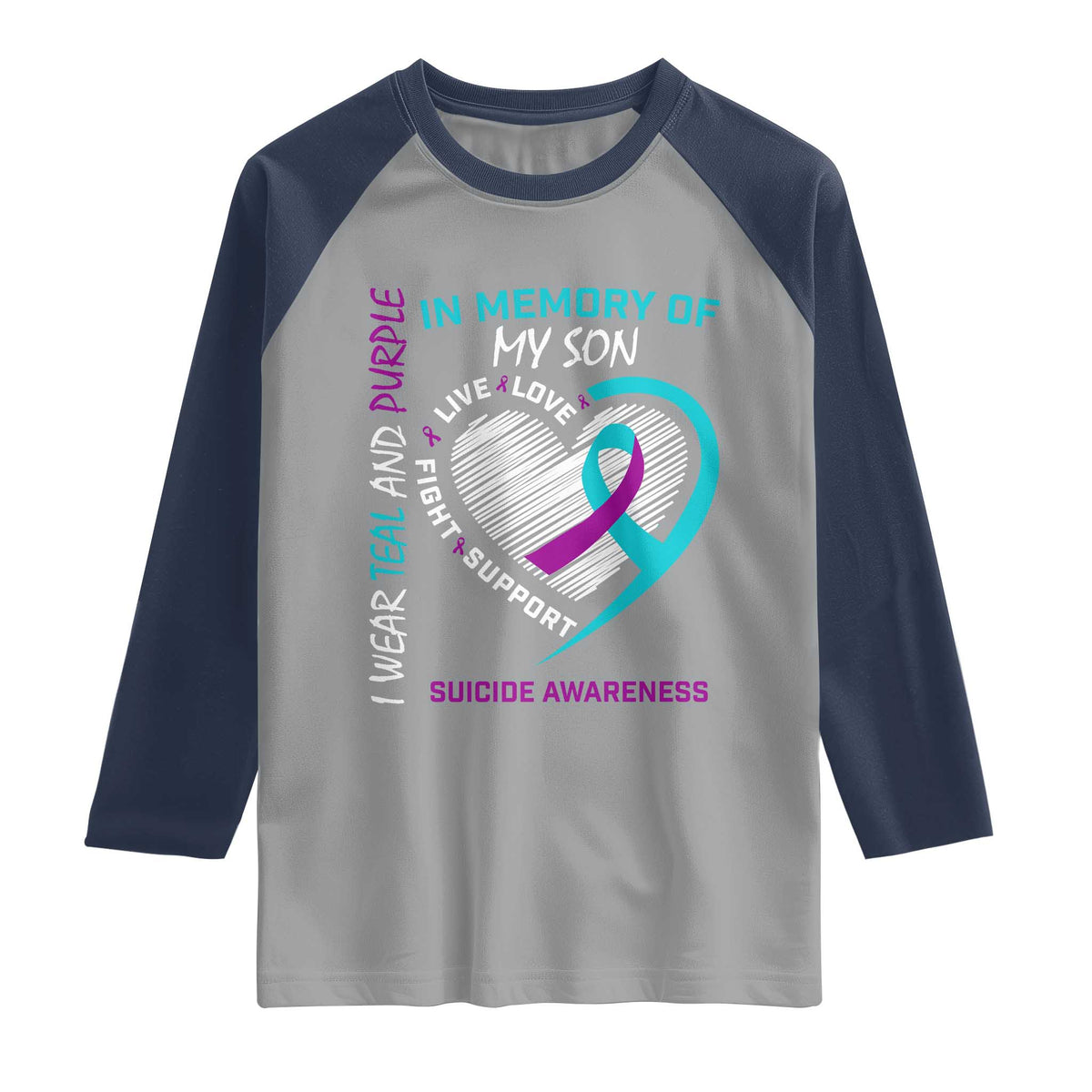 In Memory of My Son Suicide Awareness Raglan Shirt Teal and Purple Ribbon Remembrance Gift