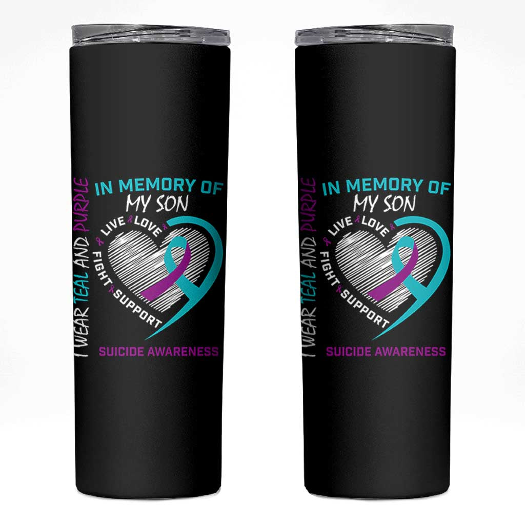 In Memory of My Son Suicide Awareness Skinny Tumbler Teal and Purple Ribbon Remembrance Gift