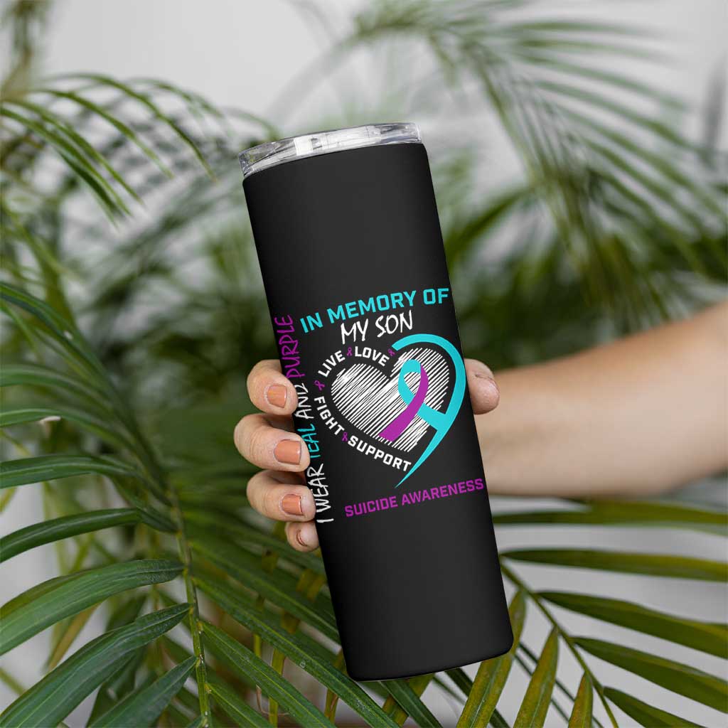 In Memory of My Son Suicide Awareness Skinny Tumbler Teal and Purple Ribbon Remembrance Gift