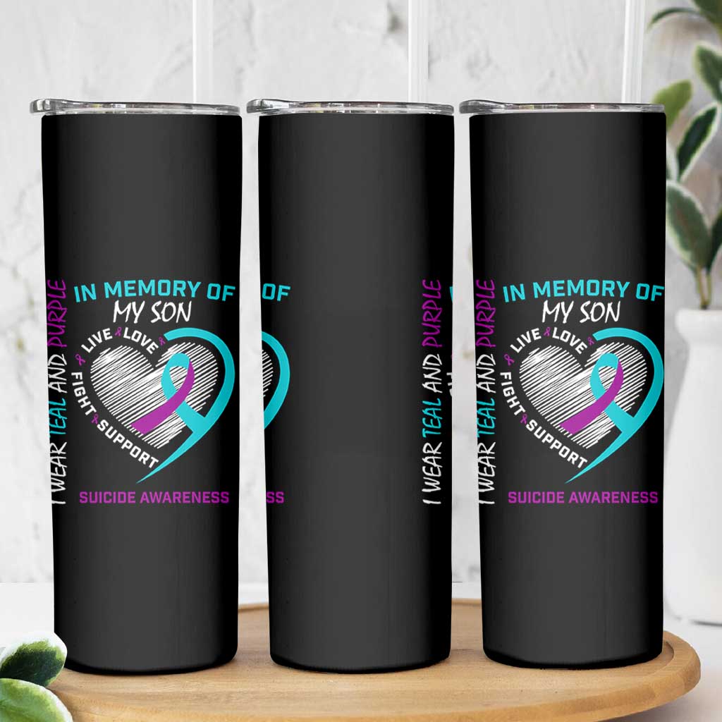 In Memory of My Son Suicide Awareness Skinny Tumbler Teal and Purple Ribbon Remembrance Gift