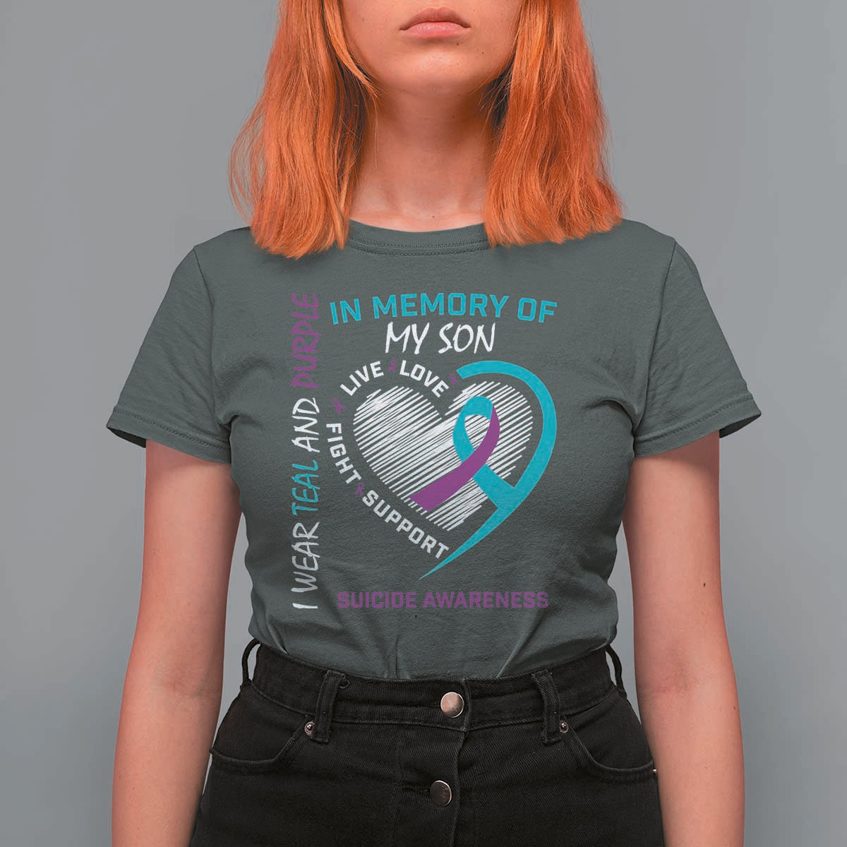 In Memory of My Son Suicide Awareness T Shirt For Women Teal and Purple Ribbon Remembrance Gift