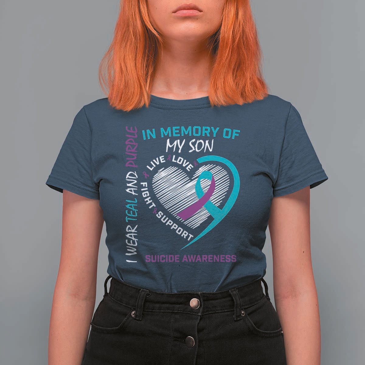 In Memory of My Son Suicide Awareness T Shirt For Women Teal and Purple Ribbon Remembrance Gift