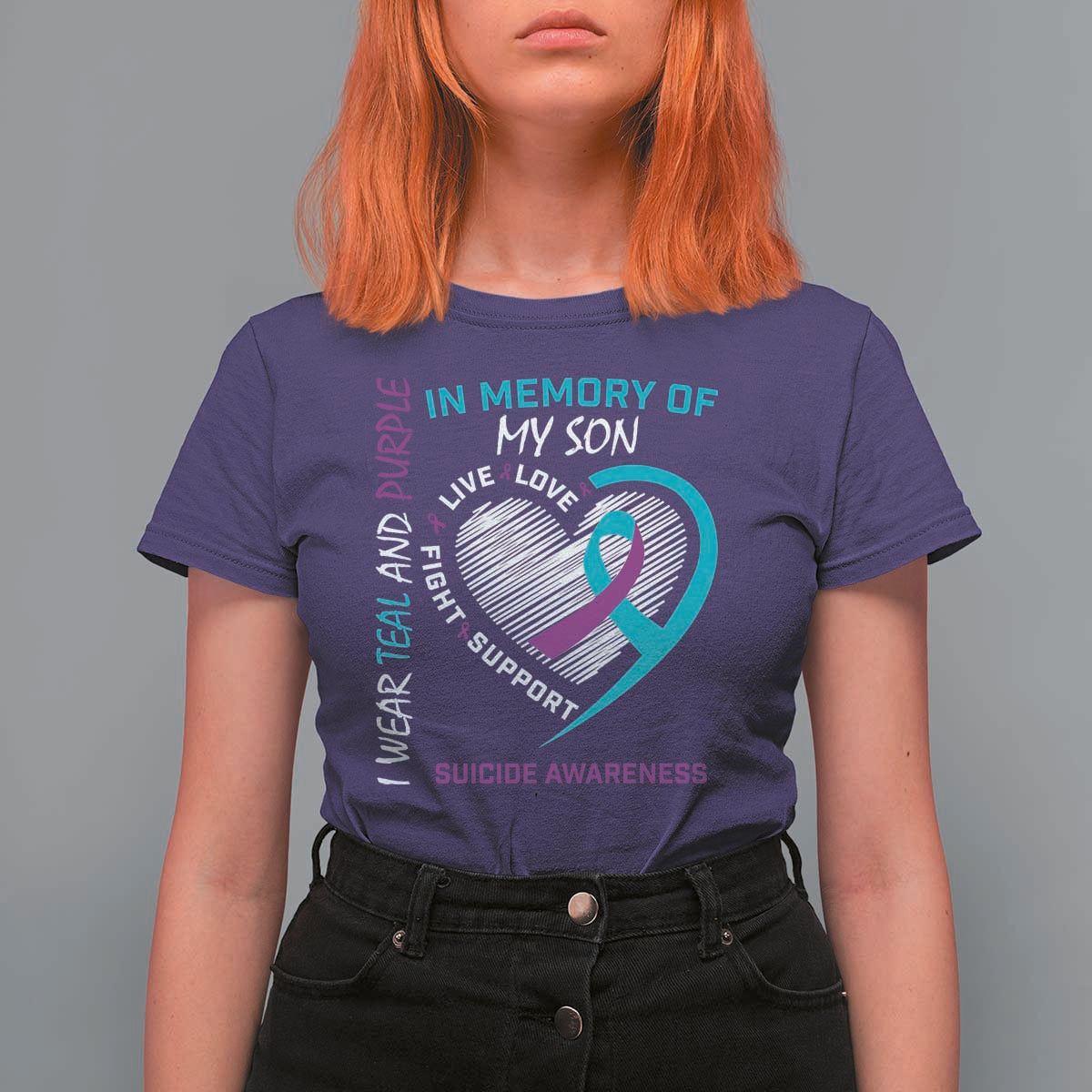 In Memory of My Son Suicide Awareness T Shirt For Women Teal and Purple Ribbon Remembrance Gift