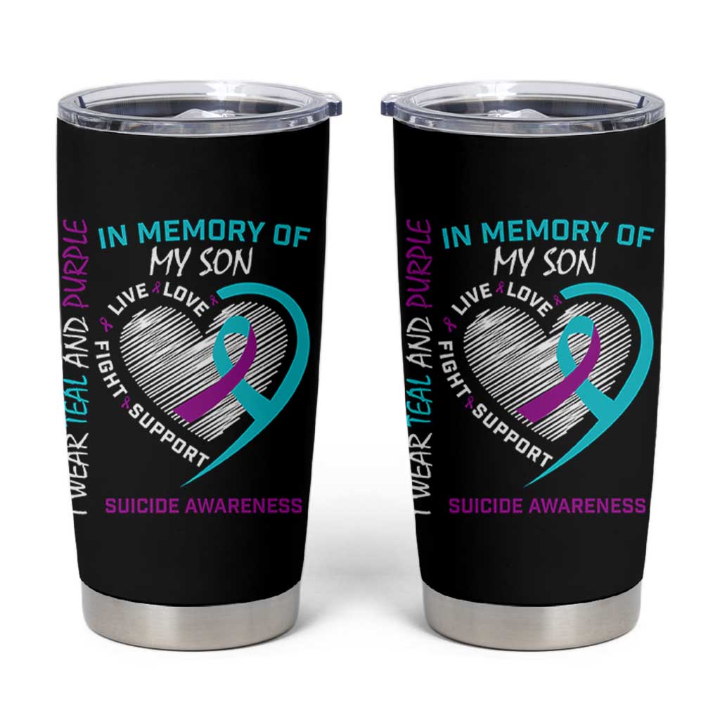 In Memory of My Son Suicide Awareness Tumbler Cup Teal and Purple Ribbon Remembrance Gift