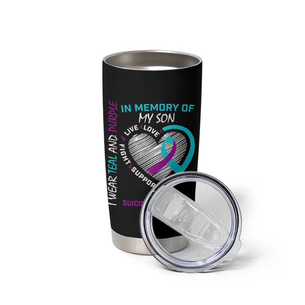 In Memory of My Son Suicide Awareness Tumbler Cup Teal and Purple Ribbon Remembrance Gift