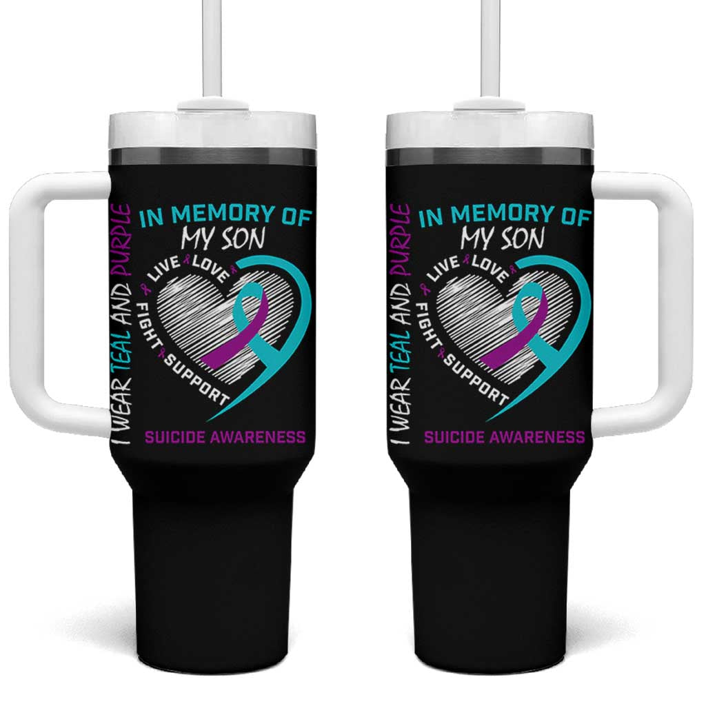 In Memory of My Son Suicide Awareness Tumbler With Handle Teal and Purple Ribbon Remembrance Gift