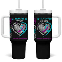 In Memory of My Son Suicide Awareness Tumbler With Handle Teal and Purple Ribbon Remembrance Gift