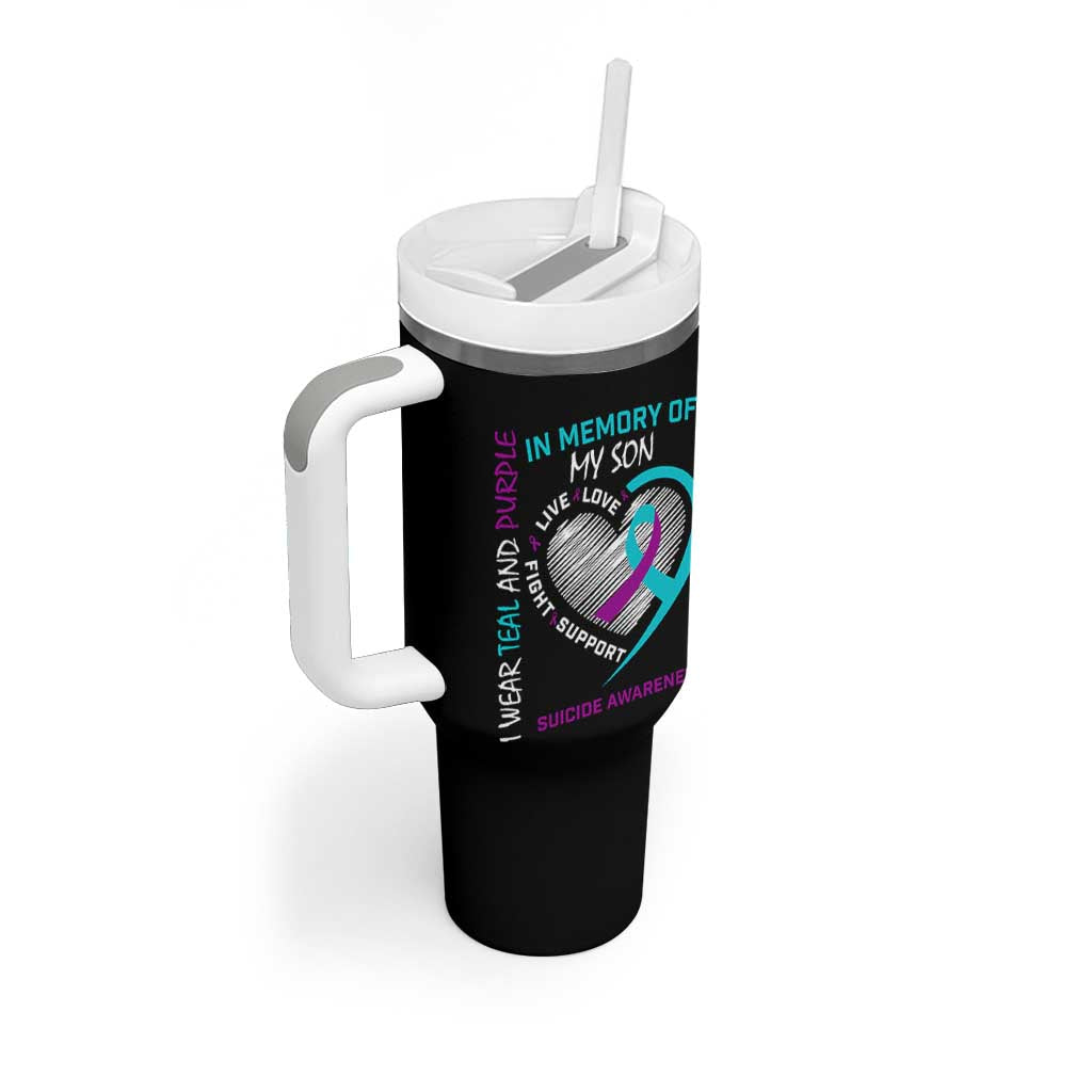 In Memory of My Son Suicide Awareness Tumbler With Handle Teal and Purple Ribbon Remembrance Gift