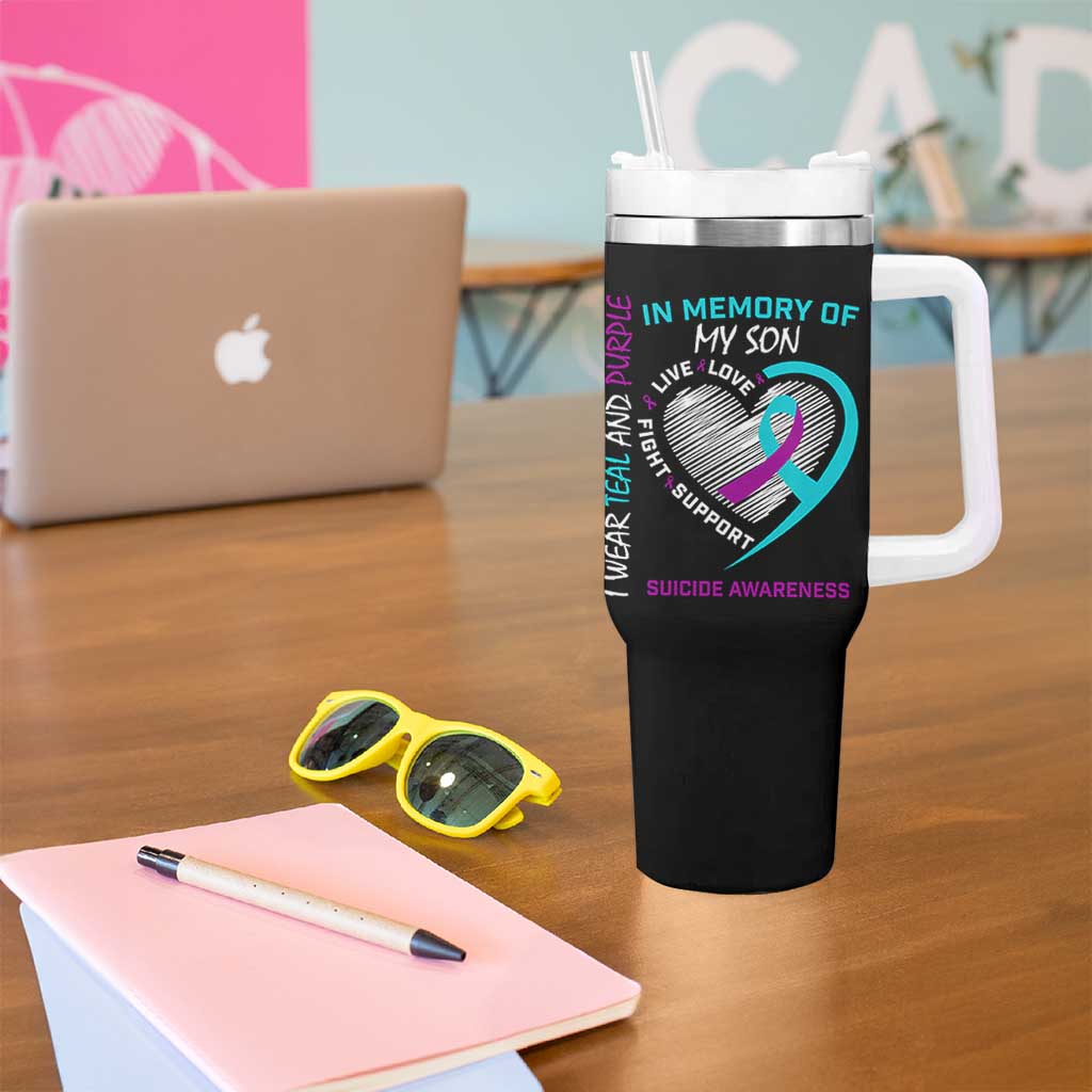 In Memory of My Son Suicide Awareness Tumbler With Handle Teal and Purple Ribbon Remembrance Gift