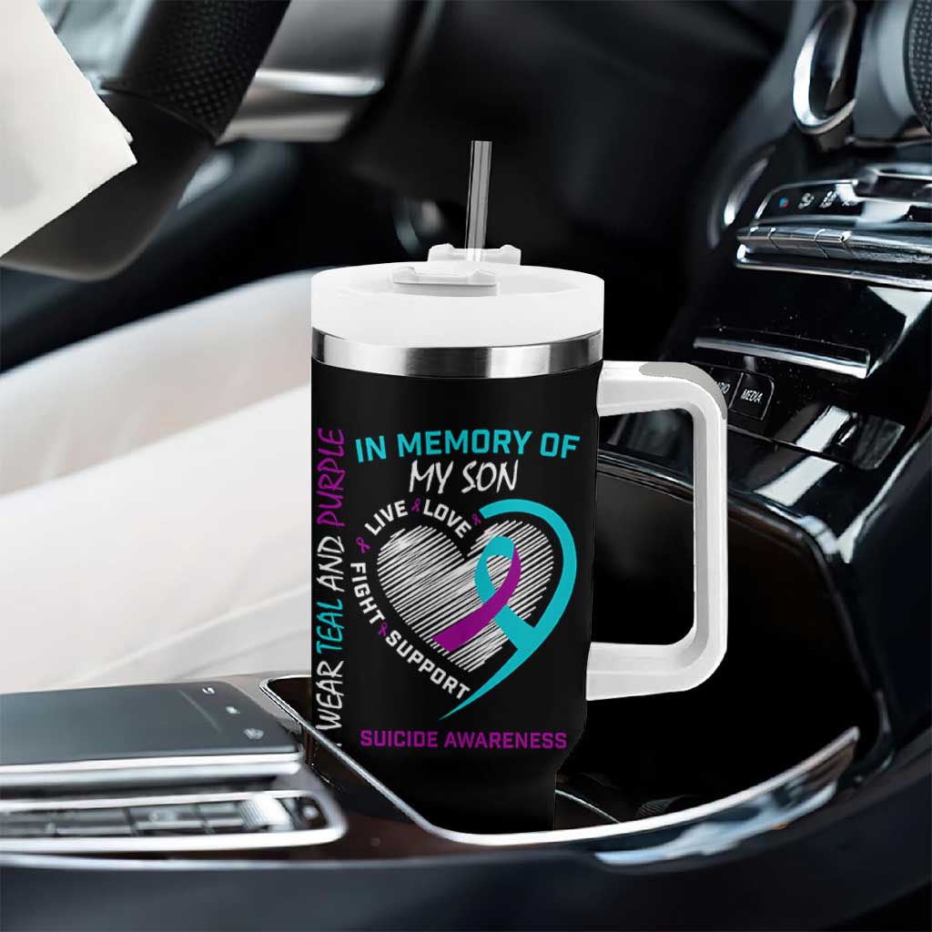 In Memory of My Son Suicide Awareness Tumbler With Handle Teal and Purple Ribbon Remembrance Gift