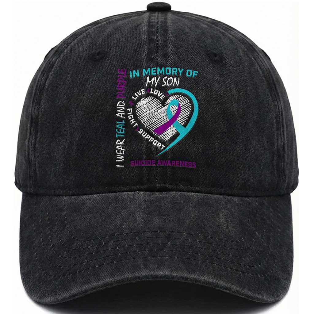 In Memory of My Son Suicide Awareness Washed Cotton Baseball Cap Teal and Purple Ribbon Remembrance Gift