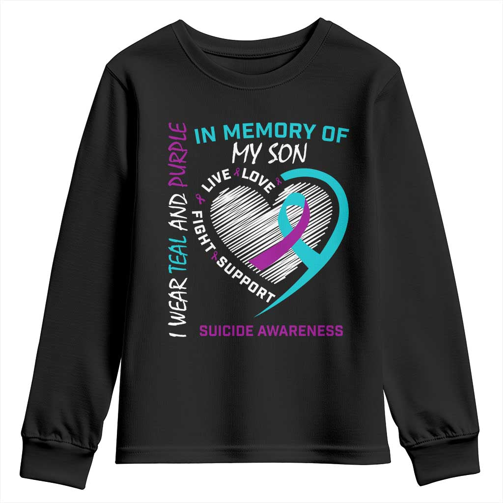 In Memory of My Son Suicide Awareness Youth Sweatshirt Teal and Purple Ribbon Remembrance Gift