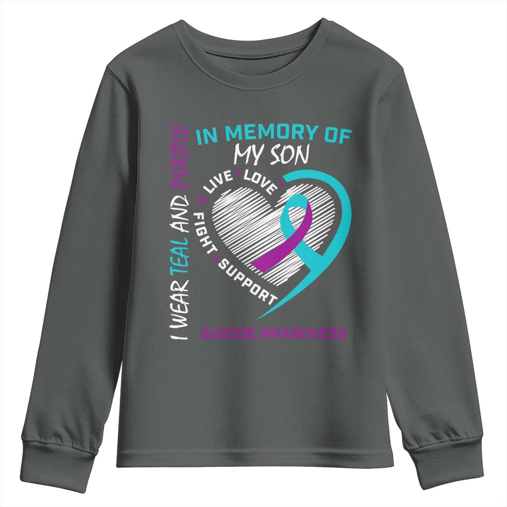 In Memory of My Son Suicide Awareness Youth Sweatshirt Teal and Purple Ribbon Remembrance Gift